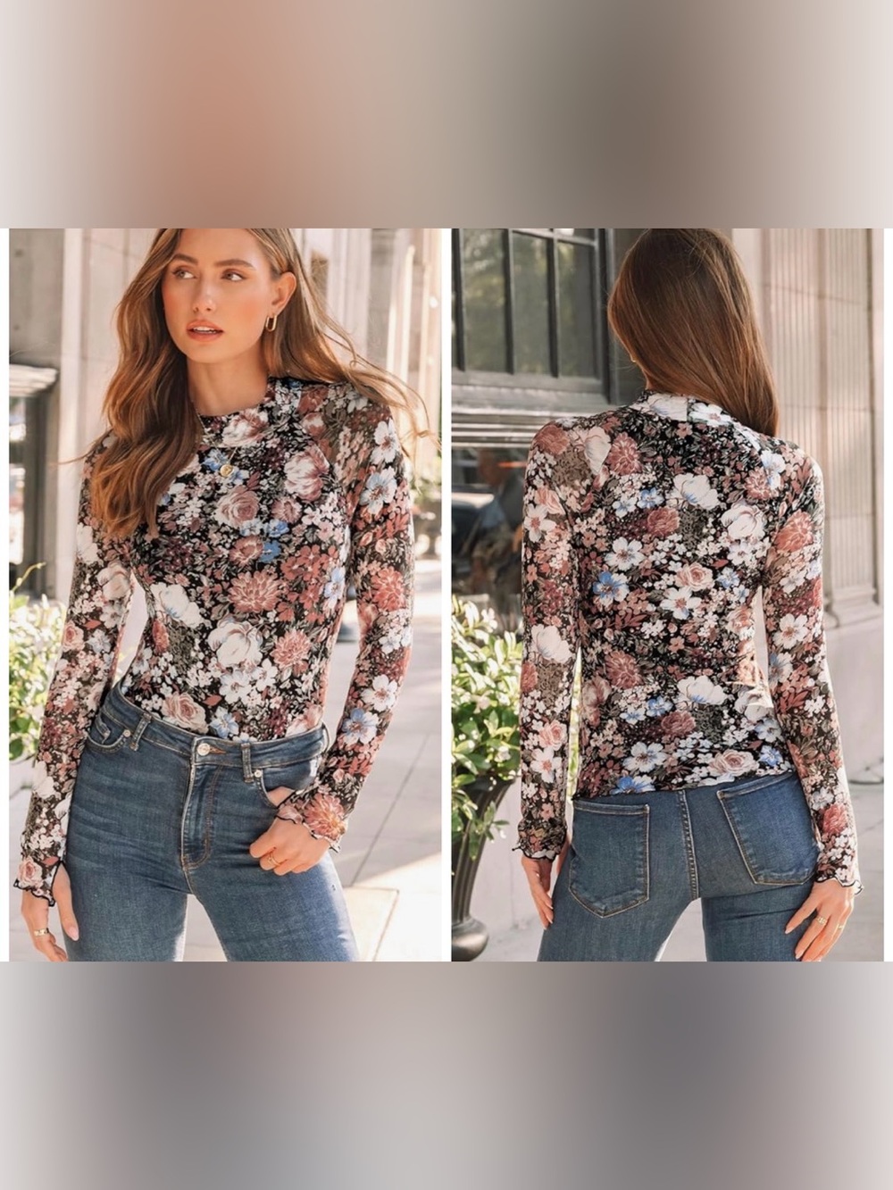 NWOT DeaLmore Semi-sheer Floral Mock Neck Long Sleeve Layering Blouse Medium